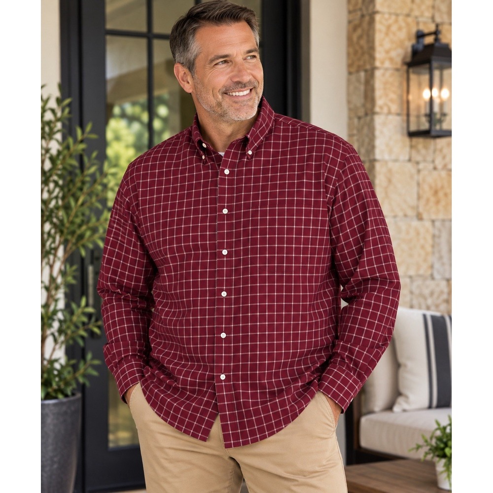 Paul Fredrick Mens 19x36 Maroon Check Non-Iron 2-Ply Cotton Classic Fit Shirt